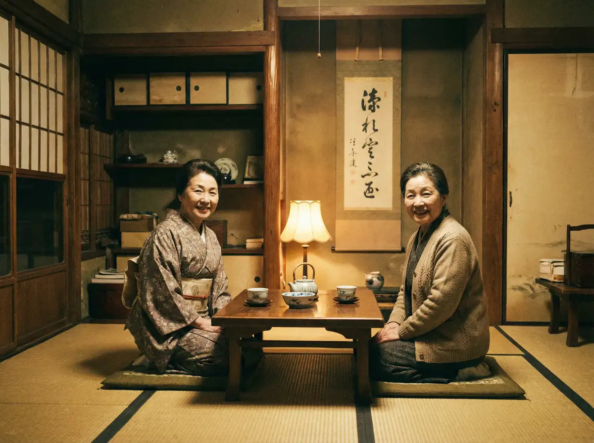 两位优雅的 188体育app 在日式茶室中品茶交谈